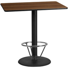 30'' x 48'' Rectangular Walnut Laminate Table Top with 24'' Round Bar Height Table Base and Foot Ring [FLF-XU-WALTB-3048-TR24B-4CFR-GG]