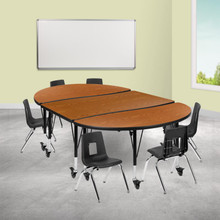 Emmy Mobile 76" Oval Wave Flexible Laminate Activity Table Set with 12" Student Stack Chairs, Oak/Black [FLF-XU-GRP-12CH-A3048CON-48-OAK-T-P-CAS-GG]