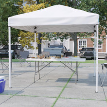 8'x8' White Pop Up Event Canopy Tent with Carry Bag and 6-Foot Bi-Fold Folding Table with Carrying Handle - Tailgate Tent Set [FLF-JJ-GZ88183Z-WH-GG]