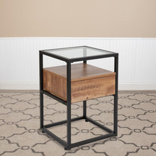 Cumberland Collection Glass End Table with Drawer and Shelf in Rustic Wood Grain Finish [FLF-NAN-JN-28102E-GG]