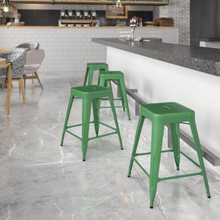 Kai Commercial Grade 24" High Backless Green Metal Indoor-Outdoor Counter Height Stool with Square Seat [FLF-CH-31320-24-GN-GG]