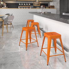 Kai Commercial Grade 24" High Backless Orange Metal Indoor-Outdoor Counter Height Stool with Square Seat [FLF-CH-31320-24-OR-GG]
