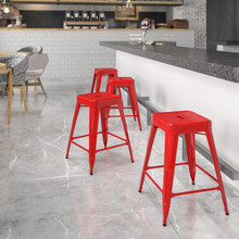 Kai Commercial Grade 24" High Backless Red Metal Indoor-Outdoor Counter Height Stool with Square Seat [FLF-CH-31320-24-RED-GG]