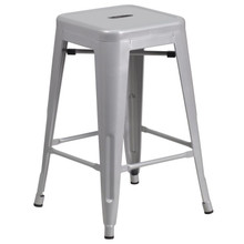 Commercial Grade 24" High Backless Silver Metal Indoor-Outdoor Counter Height Stool with Square Seat