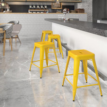 Kai Commercial Grade 24" High Backless Yellow Metal Indoor-Outdoor Counter Height Stool with Square Seat [FLF-CH-31320-24-YL-GG]