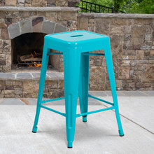 Kai Commercial Grade 24" High Backless Crystal Teal-Blue Indoor-Outdoor Counter Height Stool [FLF-ET-BT3503-24-CB-GG]