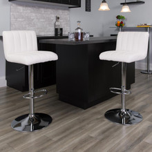 Contemporary White Vinyl Adjustable Height Barstool with Vertical Stitch Back/Seat and Chrome Base [FLF-CH-112010-WH-GG]