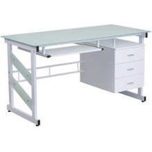 White Computer Desk with Frosted Glass Top and Three Drawer Pedestal [FLF-NAN-WK-017-GG]