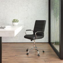 Mid-Back Black LeatherSoft Executive Swivel Office Chair with Chrome Frame and Arms [FLF-GO-2286M-BK-GG]