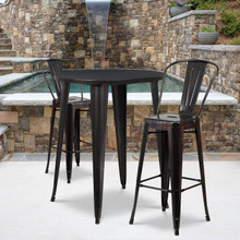 Commercial Grade 30" Round Black-Antique Gold Metal Indoor-Outdoor Bar Table Set with 2 Cafe Stools [FLF-CH-51090BH-2-30CAFE-BQ-GG]
