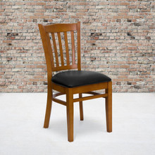 HERCULES Series Vertical Slat Back Cherry Wood Restaurant Chair - Black Vinyl Seat [FLF-XU-DGW0008VRT-CHY-BLKV-GG]