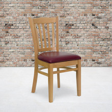 HERCULES Series Vertical Slat Back Natural Wood Restaurant Chair - Burgundy Vinyl Seat [FLF-XU-DGW0008VRT-NAT-BURV-GG]