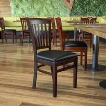 HERCULES Series Vertical Slat Back Walnut Wood Restaurant Chair - Black Vinyl Seat [FLF-XU-DGW0008VRT-WAL-BLKV-GG]