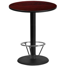 36'' Round Mahogany Laminate Table Top with 24'' Round Bar Height Table Base and Foot Ring [FLF-XU-RD-36-MAHTB-TR24B-4CFR-GG]