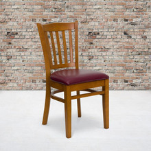 HERCULES Series Vertical Slat Back Cherry Wood Restaurant Chair - Burgundy Vinyl Seat [FLF-XU-DGW0008VRT-CHY-BURV-GG]