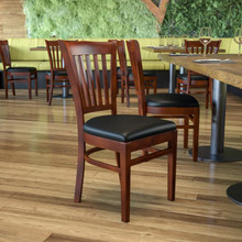 HERCULES Series Vertical Slat Back Mahogany Wood Restaurant Chair - Black Vinyl Seat [FLF-XU-DGW0008VRT-MAH-BLKV-GG]