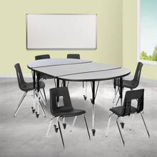 Emmy Mobile 76" Oval Wave Flexible Laminate Activity Table Set with 18" Student Stack Chairs, Grey/Black [FLF-XU-GRP-18CH-A3048CON-48-GY-T-A-CAS-GG]