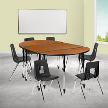 Emmy Mobile 76" Oval Wave Flexible Laminate Activity Table Set with 18" Student Stack Chairs, Oak/Black [FLF-XU-GRP-18CH-A3048CON-48-OAK-T-A-CAS-GG]