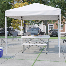 8'x8' White Pop Up Event Canopy Tent with Carry Bag and Folding Bench Set - Portable Tailgate, Camping, Event Set [FLF-JJ-GZ88103-WH-GG]