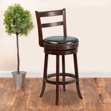 30'' High Cappuccino Wood Barstool with Single Slat Ladder Back and Black LeatherSoft Swivel Seat [FLF-TA-16029-CA-GG]