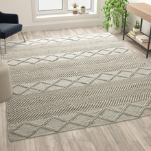 8' x 10' White & Ivory Geometric Design Handwoven Area Rug - Wool/Polyester/Cotton Blend [FLF-CI-20-9450A-810-CR-GG]