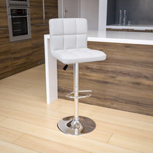 Contemporary White Quilted Vinyl Adjustable Height Barstool with Chrome Base [FLF-DS-810-MOD-WH-GG]