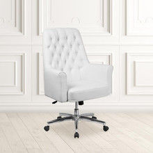 Mid-Back Traditional Tufted White LeatherSoft Executive Swivel Office Chair with Arms [FLF-BT-444-MID-WH-GG]