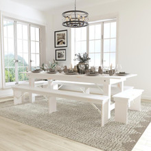 HERCULES Series 9' x 40" Antique Rustic White Folding Farm Table and Four Bench Set [FLF-XA-FARM-7-WH-GG]