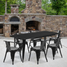 Commercial Grade 31.5" x 63" Rectangular Black Metal Indoor-Outdoor Table Set with 6 Arm Chairs [FLF-ET-CT005-6-70-BK-GG]