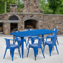 Commercial Grade 31.5" x 63" Rectangular Blue Metal Indoor-Outdoor Table Set with 6 Arm Chairs [FLF-ET-CT005-6-70-BL-GG]