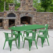Commercial Grade 31.5" x 63" Rectangular Green Metal Indoor-Outdoor Table Set with 6 Arm Chairs [FLF-ET-CT005-6-70-GN-GG]