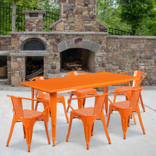 Commercial Grade 31.5" x 63" Rectangular Orange Metal Indoor-Outdoor Table Set with 6 Arm Chairs [FLF-ET-CT005-6-70-OR-GG]