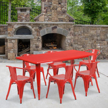 Commercial Grade 31.5" x 63" Rectangular Red Metal Indoor-Outdoor Table Set with 6 Arm Chairs [FLF-ET-CT005-6-70-RED-GG]
