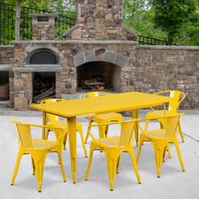 Commercial Grade 31.5" x 63" Rectangular Yellow Metal Indoor-Outdoor Table Set with 6 Arm Chairs [FLF-ET-CT005-6-70-YL-GG]