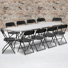 8' Bi-Fold Granite White Plastic Event/Training Folding Table Set with 10 Folding Chairs [FLF-RB-3096F-10-LEL3-BK-GG]