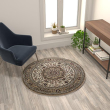Mersin Collection Persian Style 4x4 Ivory Round Area Rug-Olefin Rug with Jute Backing-Hallway, Entryway, Bedroom, Living Room [FLF-NR-RG1274-44-IV-GG]