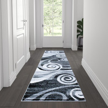 Cirrus Collection 2' x 7' Gray Swirl Patterned Olefin Area Rug with Jute Backing for Entryway, Living Room, Bedroom [FLF-OKR-RG1103-27-GY-GG]