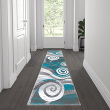 Cirrus Collection 2' x 7' Turquoise Swirl Patterned Olefin Area Rug with Jute Backing for Entryway, Living Room, Bedroom [FLF-OKR-RG1103-27-TQ-GG]