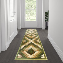 Teagan Collection Southwestern 2' x 7' Green Area Rug - Olefin Rug with Jute Backing - Entryway, Living Room, Bedroom [FLF-OKR-RG1106-27-GN-GG]