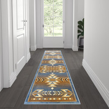 Lodi Collection Southwestern 2' x 7' Blue Area Rug - Olefin Rug with Jute Backing for Hallway, Entryway, Bedroom, Living Room [FLF-OKR-RG1113-27-BL-GG]