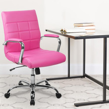 Mid-Back Pink Vinyl Executive Swivel Office Chair with Chrome Base and Arms [FLF-GO-2240-PK-GG]