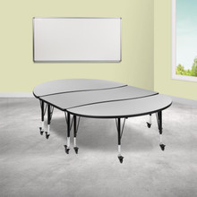 Emmy 3 Piece Mobile 86" Oval Wave Flexible Grey Thermal Laminate Activity Table Set - Height Adjustable Short Legs [FLF-XU-GRP-A3060CON-60-GY-T-P-CAS-GG]