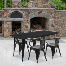 Commercial Grade 31.5" x 63" Rectangular Black Metal Indoor-Outdoor Table Set with 4 Arm Chairs [FLF-ET-CT005-4-70-BK-GG]