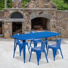 Commercial Grade 31.5" x 63" Rectangular Blue Metal Indoor-Outdoor Table Set with 4 Arm Chairs [FLF-ET-CT005-4-70-BL-GG]