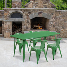 Commercial Grade 31.5" x 63" Rectangular Green Metal Indoor-Outdoor Table Set with 4 Arm Chairs [FLF-ET-CT005-4-70-GN-GG]