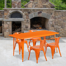 Commercial Grade 31.5" x 63" Rectangular Orange Metal Indoor-Outdoor Table Set with 4 Arm Chairs [FLF-ET-CT005-4-70-OR-GG]