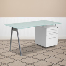 White Computer Desk with Glass Top and Three Drawer Pedestal [FLF-NAN-WK-021-GG]