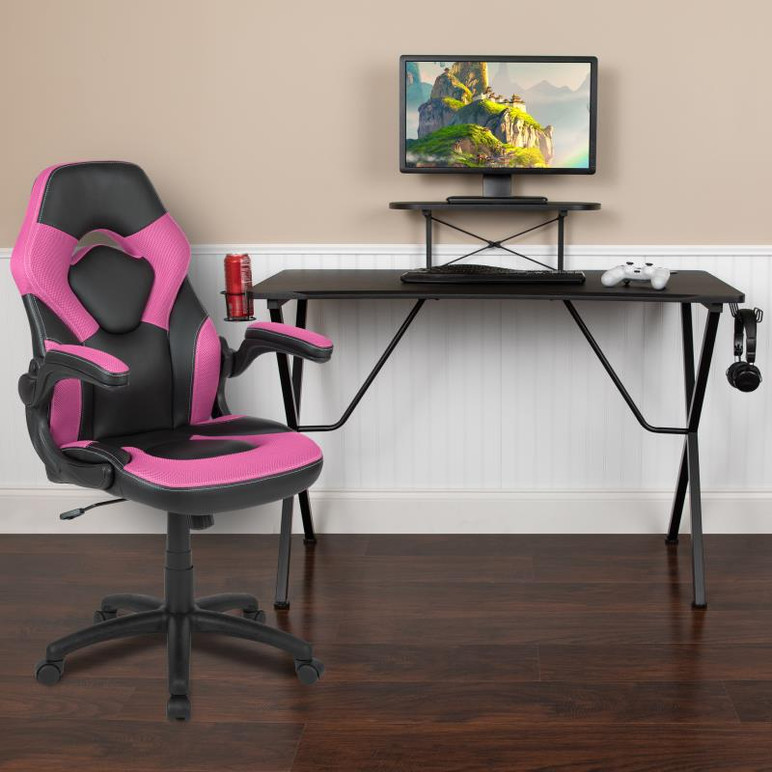 Black Gaming Desk and Pink/Black Racing Chair Set with Cup Holder