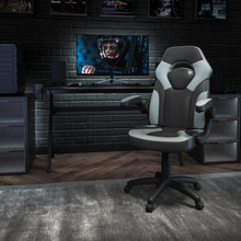 X10 Gaming Chair Racing Office Ergonomic Computer PC Adjustable Swivel Chair with Flip-up Arms, Gray/Black LeatherSoft [FLF-CH-00095-GY-GG]