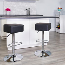 Contemporary Black Vinyl Adjustable Height Barstool with Square Seat and Chrome Base [FLF-CH-82058-4-BK-GG]